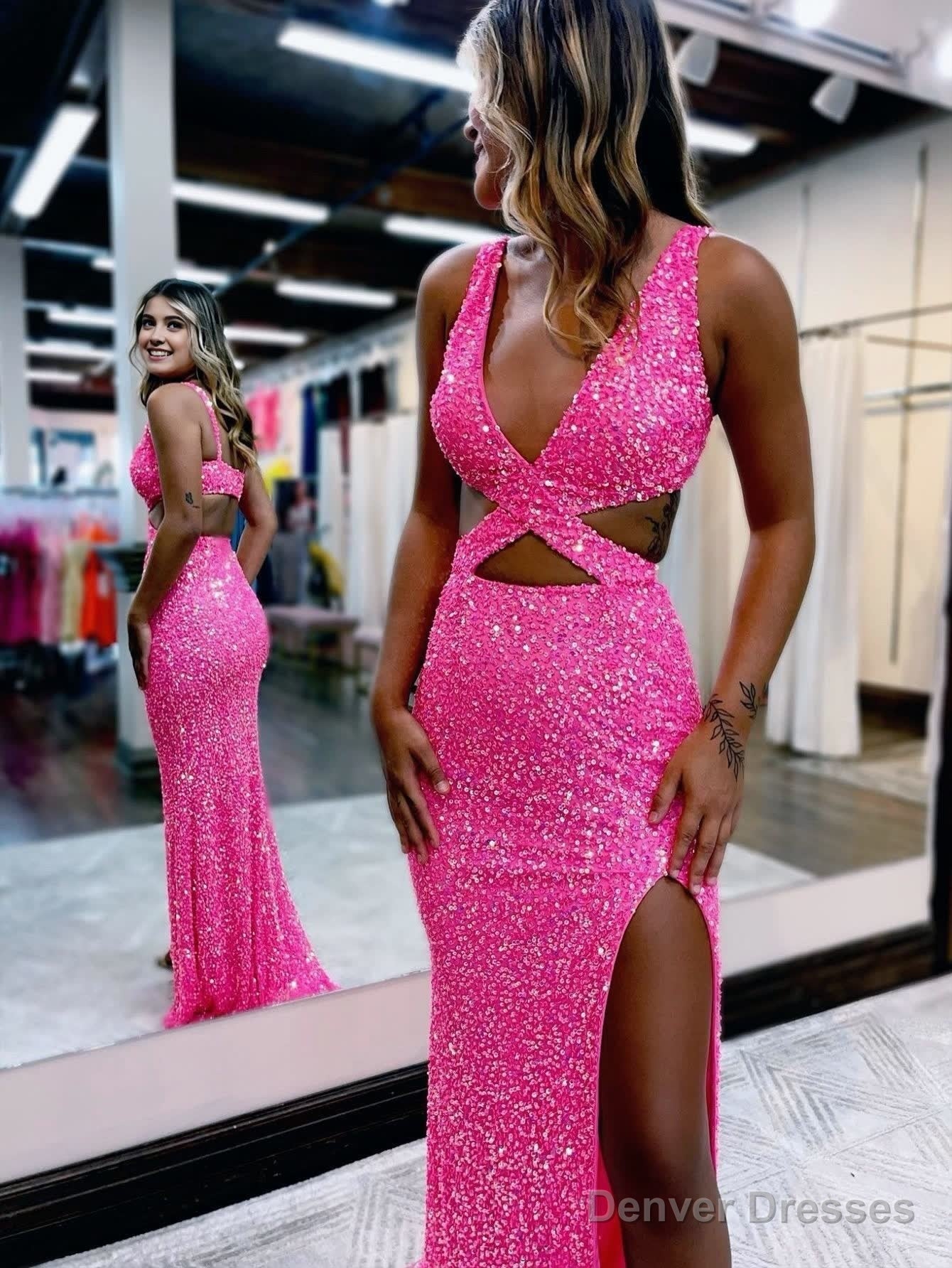 Hot Pink Mermaid V Neck Sequins Prom Dress with Slit Secondary image