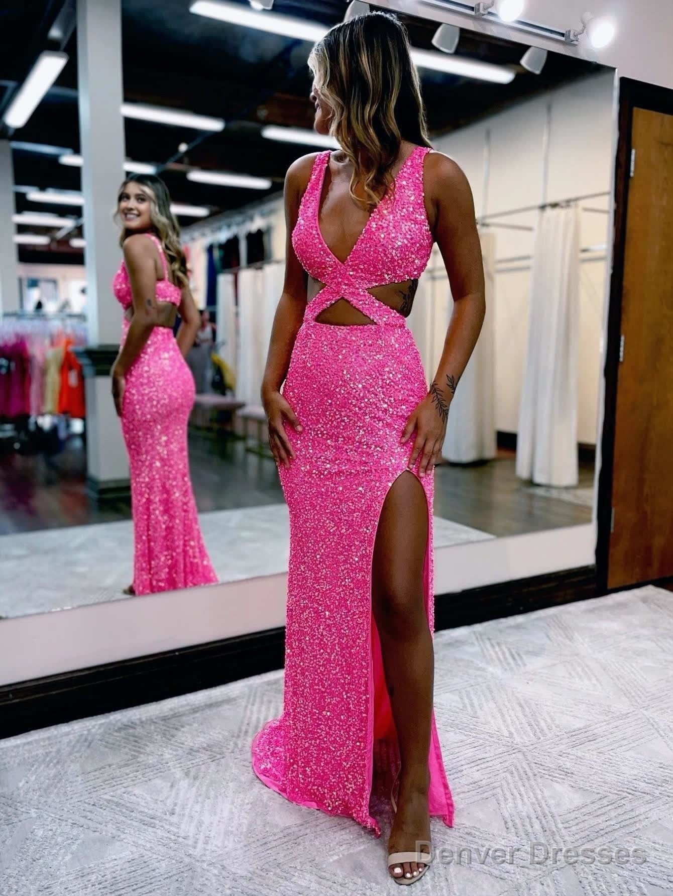 Hot Pink Mermaid V Neck Sequins Prom Dress with Slit Main image
