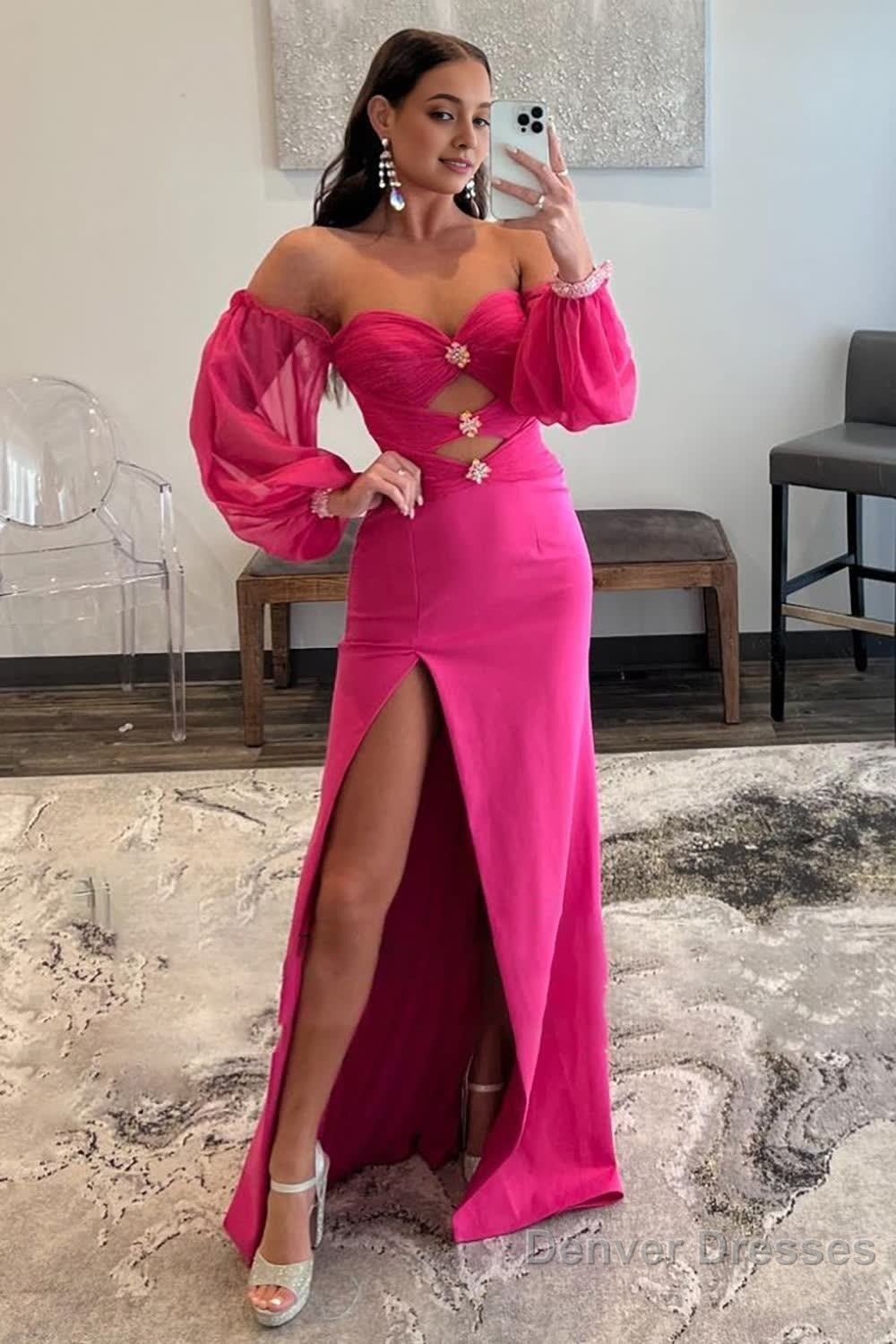 Hot Pink Off The Shoulder Detachale Sleeves Cut Out Prom Dress Main image