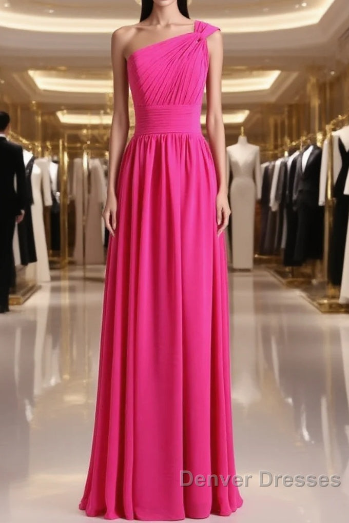 Hot Pink One Shoulder Pleated Bridesmaid Dress Main image