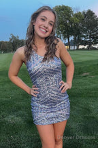 Hot Pink One Shoulder Sequins Tight Short Homecoming Dress