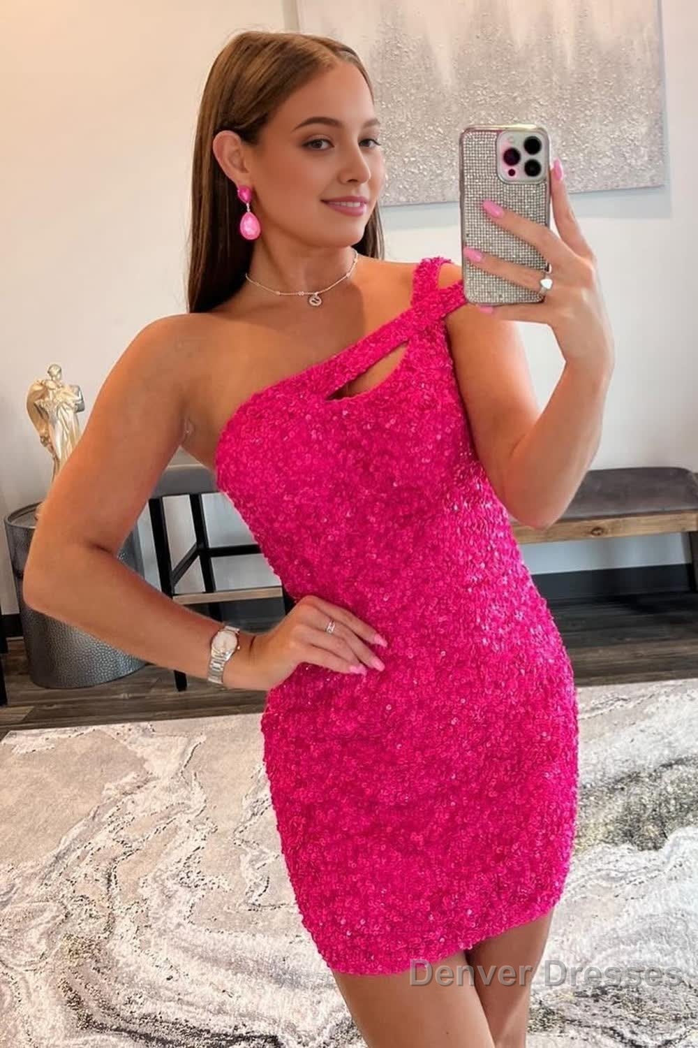 Hot Pink Open Back One Shoulder Tight Sequins Homecoming Dress Main image