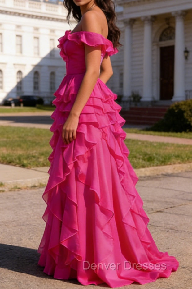 Hot Pink Ruffled A-Line Square Neck Long Prom Dress Secondary image