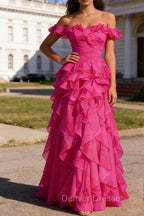 Hot Pink Ruffled A-Line Square Neck Long Prom Dress