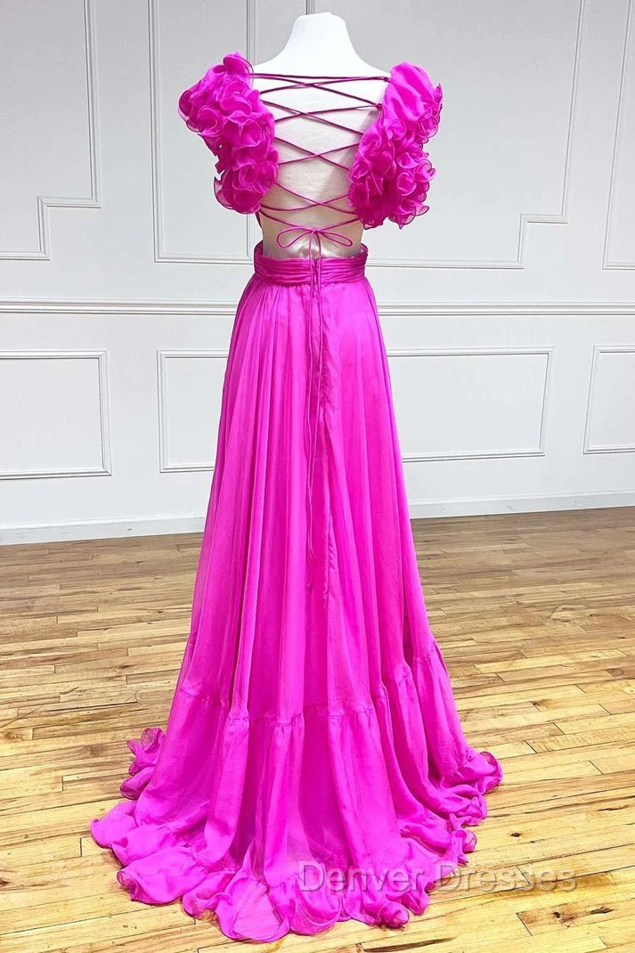 Hot Pink Ruffles Lace-Up Back A-Line Prom Dress, Formal Evening Dress Secondary image