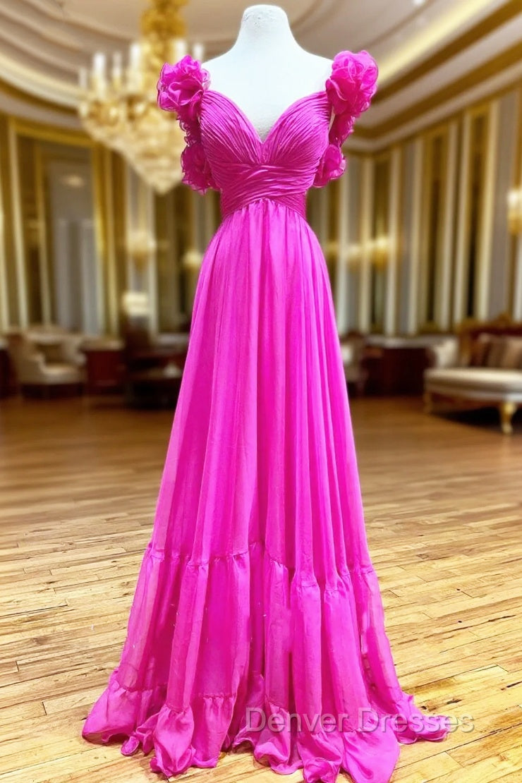 Hot Pink Ruffles Lace-Up Back A-Line Prom Dress, Formal Evening Dress Main image