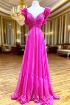 Hot Pink Ruffles Lace-Up Back A-Line Prom Dress, Formal Evening Dress