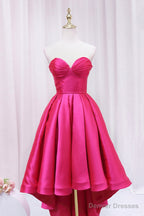 Hot Pink Satin High Low Prom Dress, Cute Sweetheart Neck Evening Party Dress