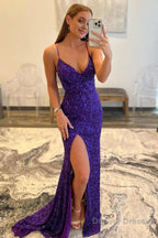 Hot Pink Sequins Glitter Prom Dress with Slit