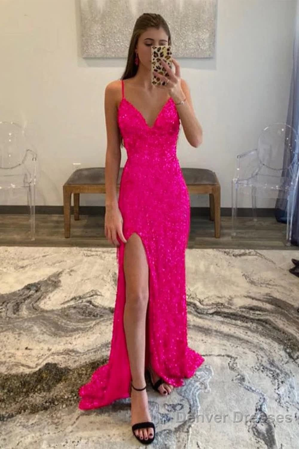 Hot Pink Sequins Glitter Prom Dress with Slit Main image