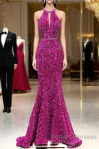 Hot Pink Sequins Long Prom Dress, Mermaid Backless Evening Dress