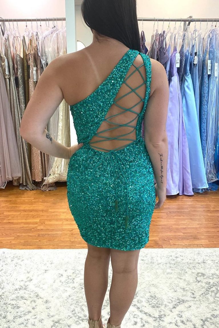 Hot Pink Sequins Tight One Shoulder Homecoming Dress Secondary image