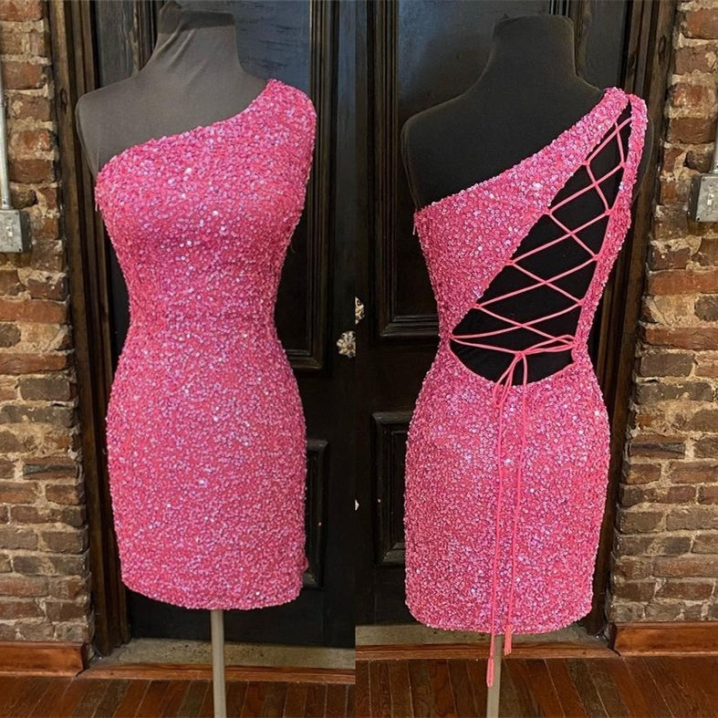 Hot Pink Sequins Tight One Shoulder Homecoming Dress Main image