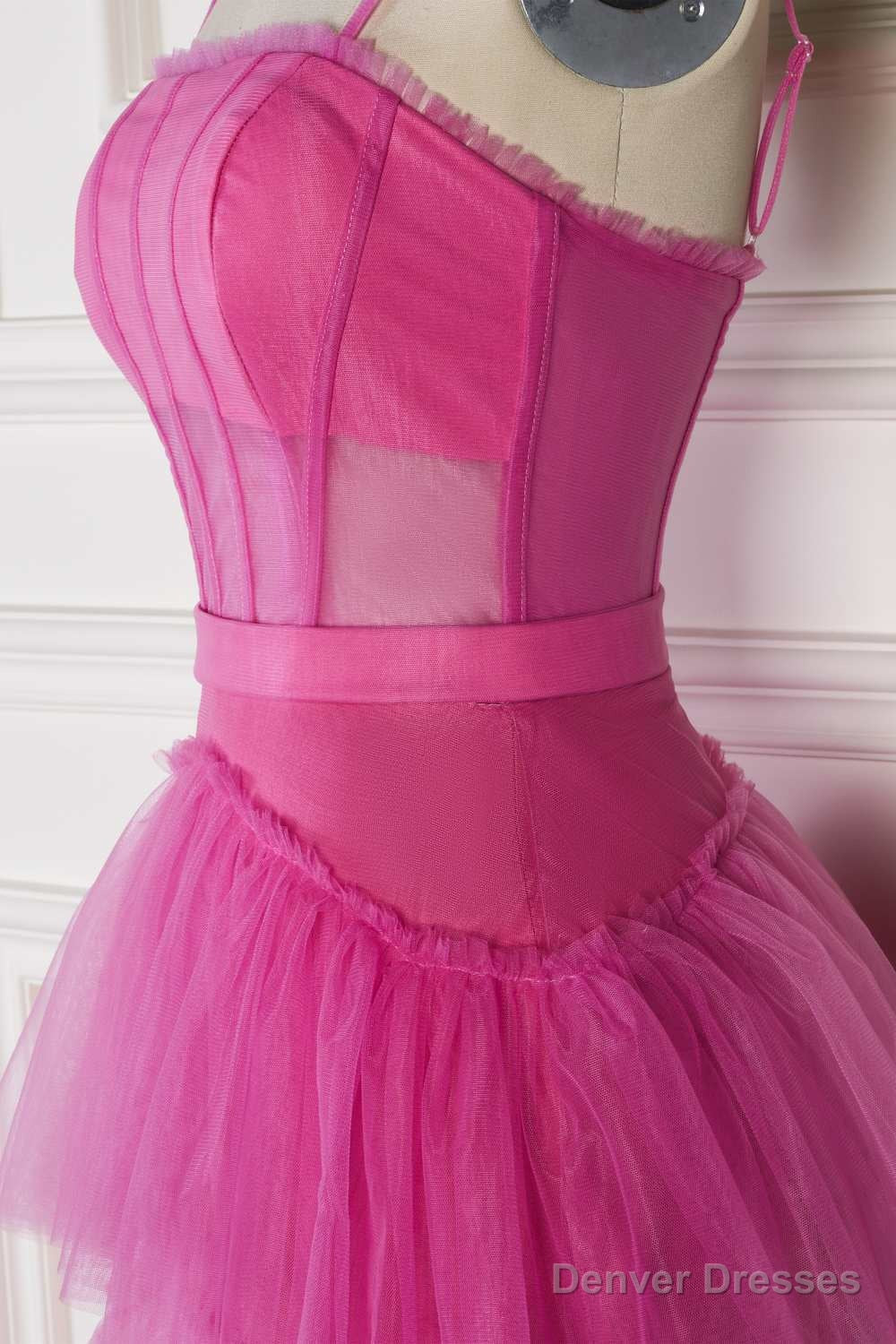 Hot Pink Spaghetti Straps A-Line Tulle Tiered Long Party Dress