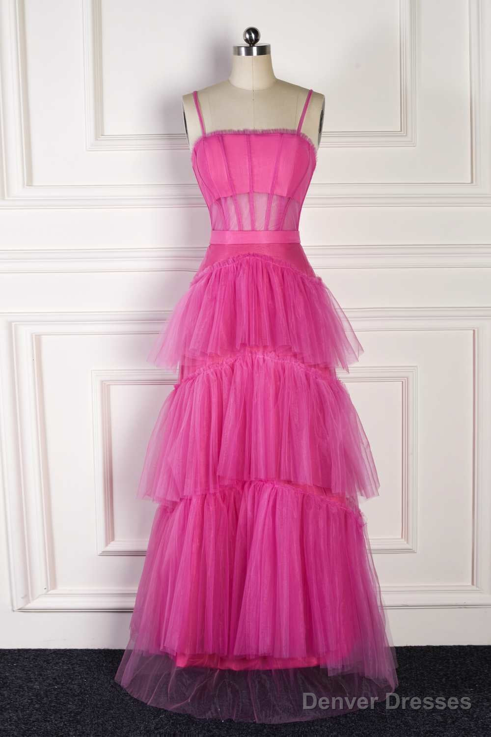 Hot Pink Spaghetti Straps A-Line Tulle Tiered Long Party Dress Main image