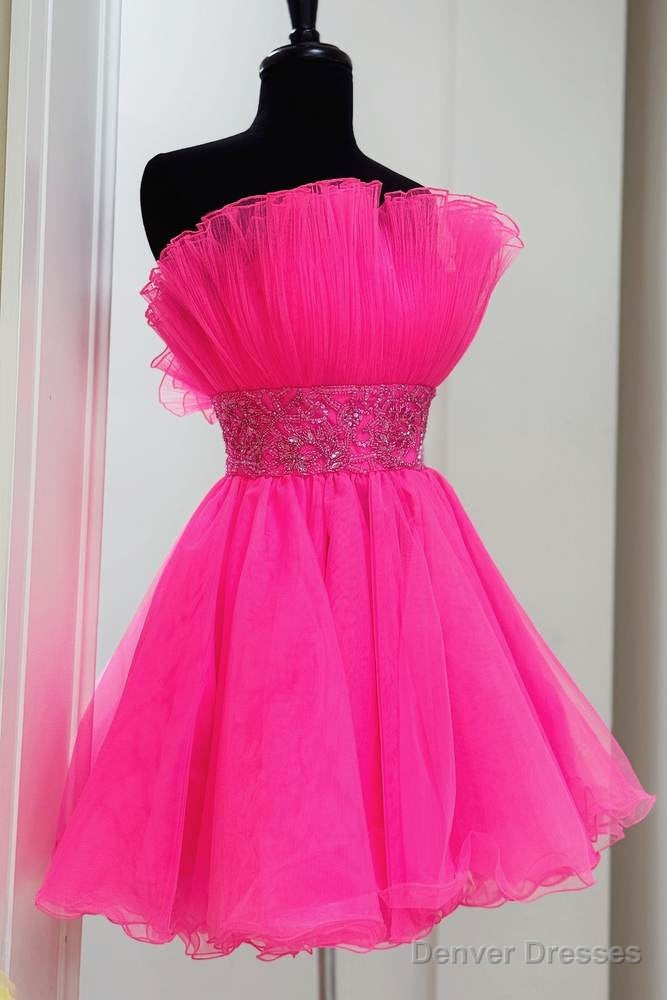 Hot Pink Strapless A-line Tulle Homecoming Dress