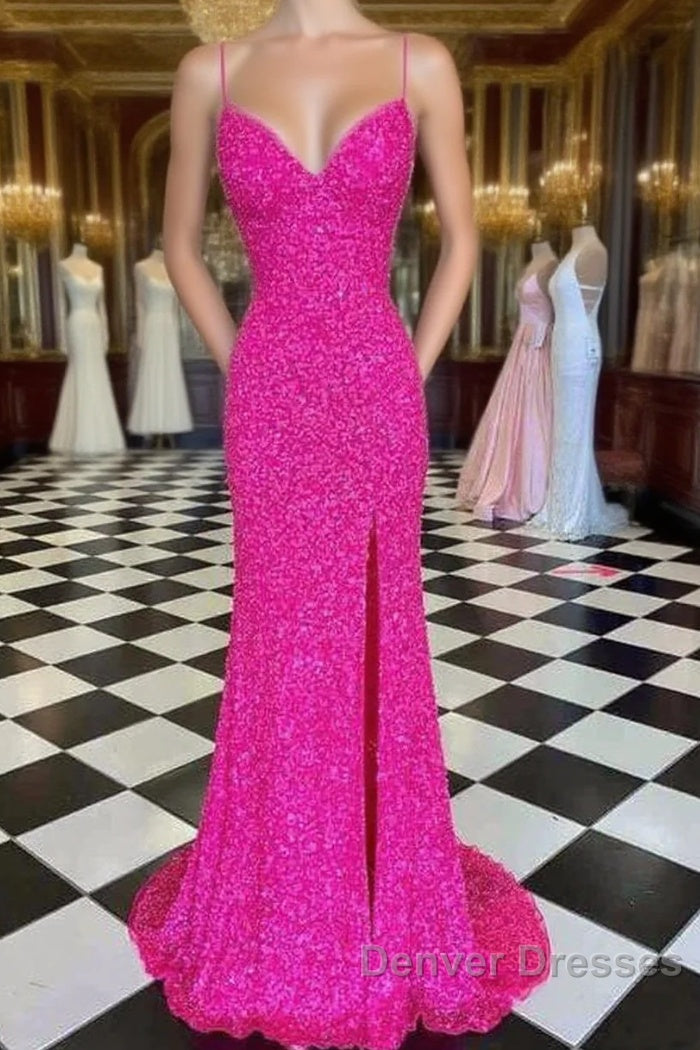 Hot Pink Straps Prom Dress With Slit Main image