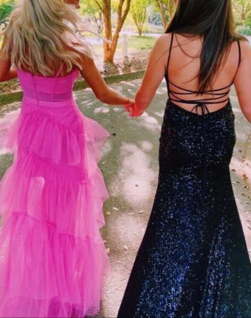 Hot Pink Straps Tiered A-Line Long Prom Dress Secondary image