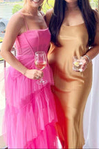 Hot Pink Straps Tiered A-Line Long Prom Dress