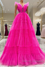 Hot Pink Tulle Long Prom Dress, Hot Pink Long Formal Graduation Dress