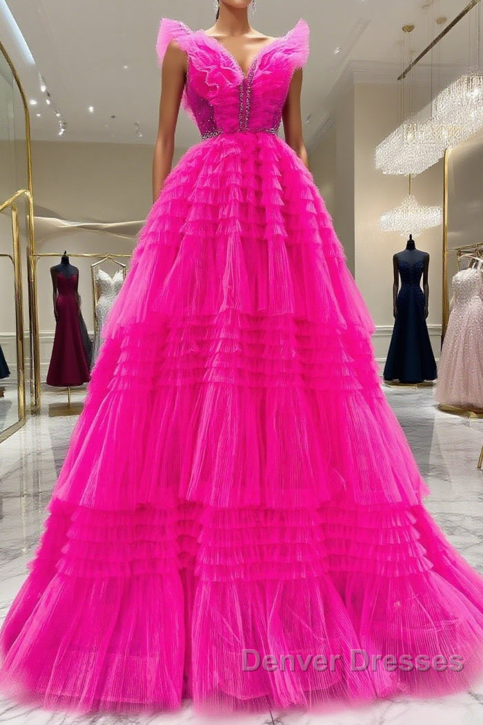 Hot Pink Tulle Long Prom Dress, Hot Pink Long Formal Graduation Dress
