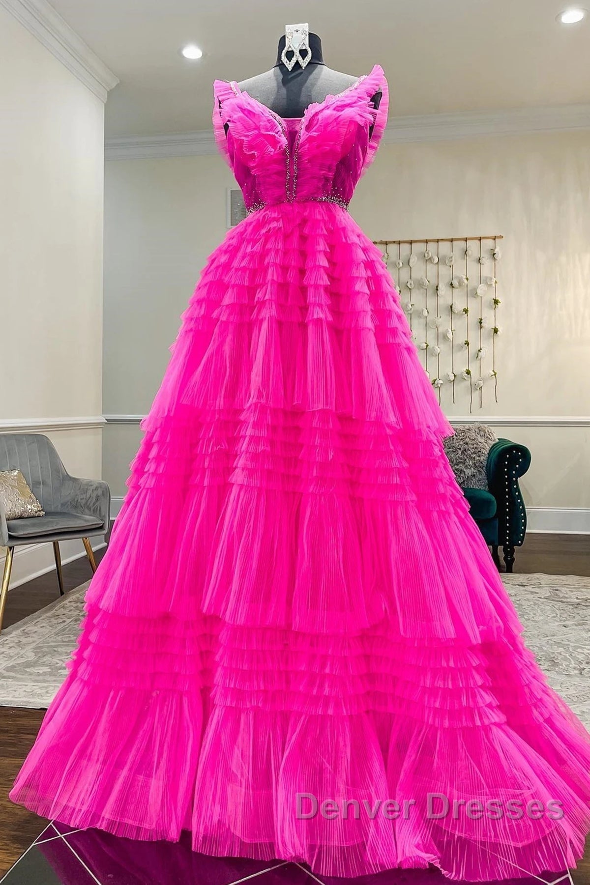 Hot Pink Tulle Long Prom Dress, Hot Pink Long Formal Graduation Dress Secondary image
