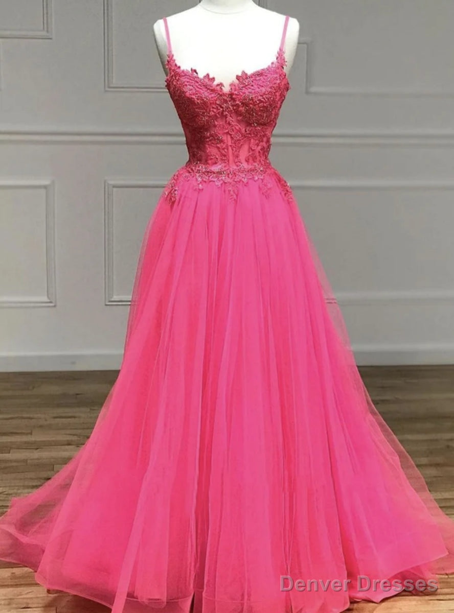 Hot Pink Tulle Spaghetti Straps Appliques Prom Dress Main image