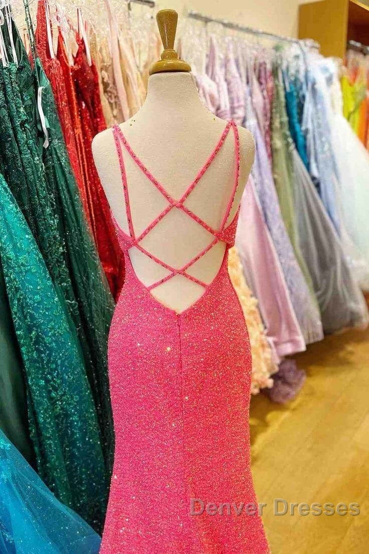 Hot Pink V Neck Sequins Long Prom Dress Crossed Back Mermaid With Slit Secondary image