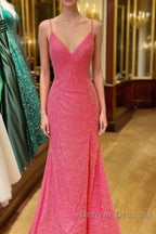 Hot Pink V Neck Sequins Long Prom Dress Crossed Back Mermaid With Slit