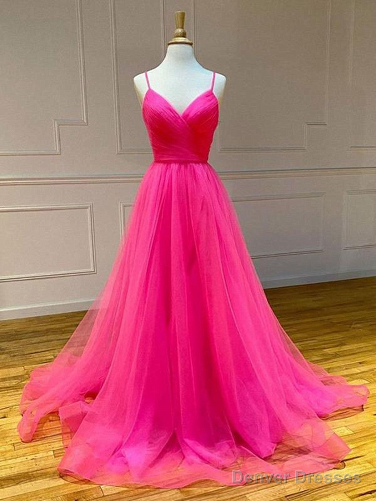 Hot Pink V-neckline Straps Cross Back Party Dress, Tulle Long Prom Dress Main image