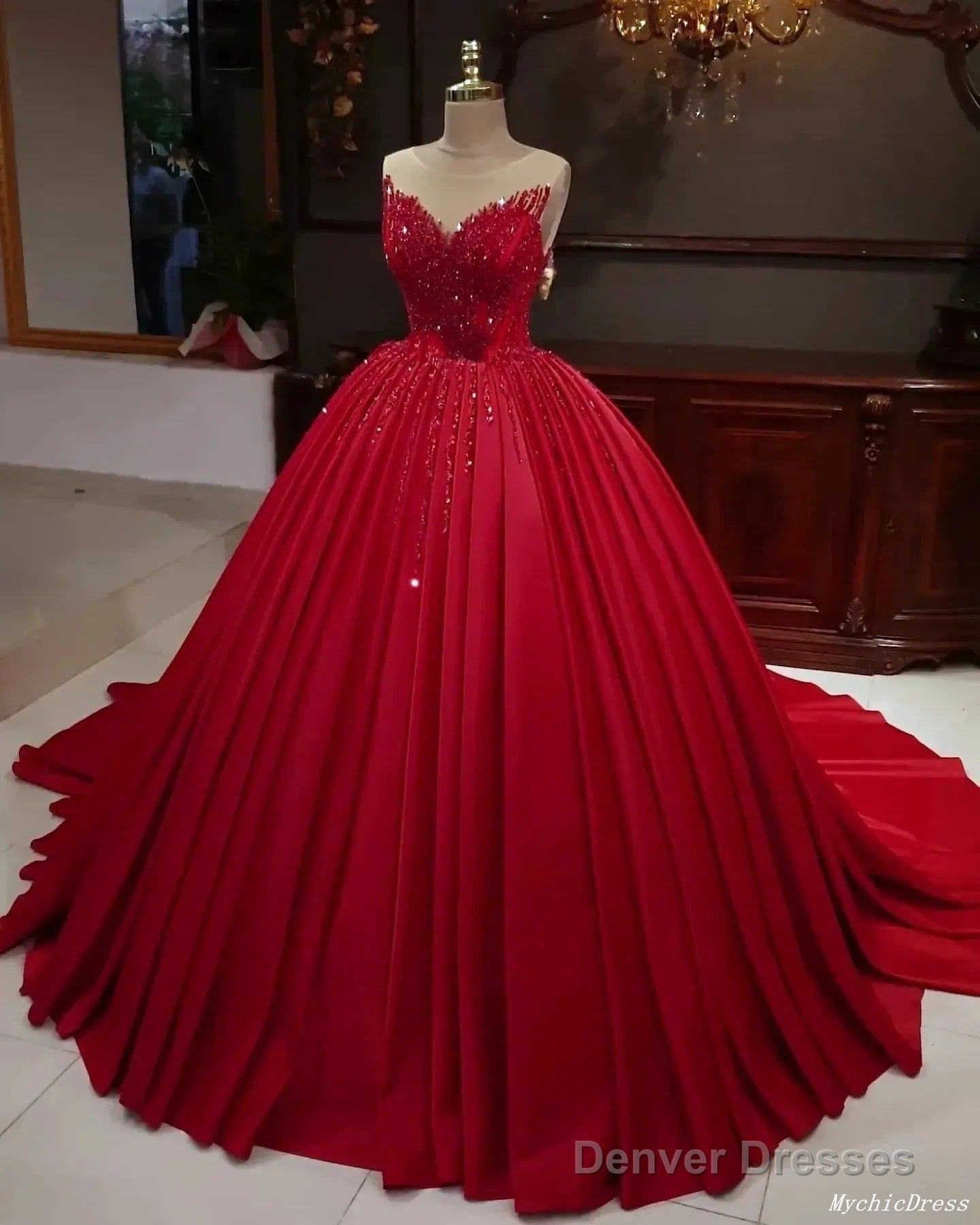 Hot Red Sequins Quince Dresses Sleeveless Stretch Satin Sweet 16 Dress Secondary image