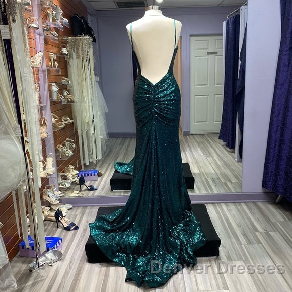 Hot Sequin Emerald Green Prom Dress Backless Long Evening Dress