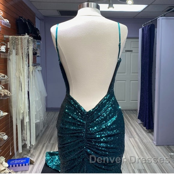 Hot Sequin Emerald Green Prom Dress Backless Long Evening Dress