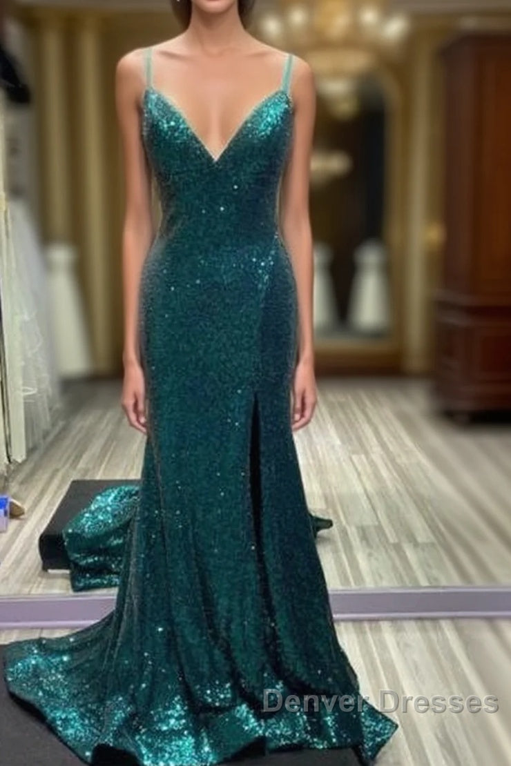 Hot Sequin Emerald Green Prom Dress Backless Long Evening Dress