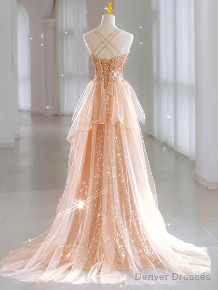 Hot Shiny A line Spaghetti Straps Sleeveless Sequin Tulle Long Prom Dresses Secondary image