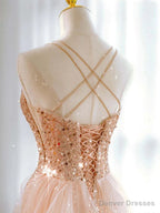 Hot Shiny A line Spaghetti Straps Sleeveless Sequin Tulle Long Prom Dresses