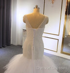 Hot Straps Mermaid Sequin Tulle White Wedding Dress V Neck With Beadings