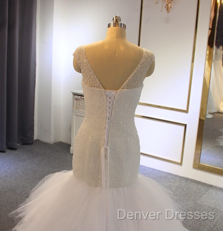 Hot Straps Mermaid Sequin Tulle White Wedding Dress V Neck With Beadings