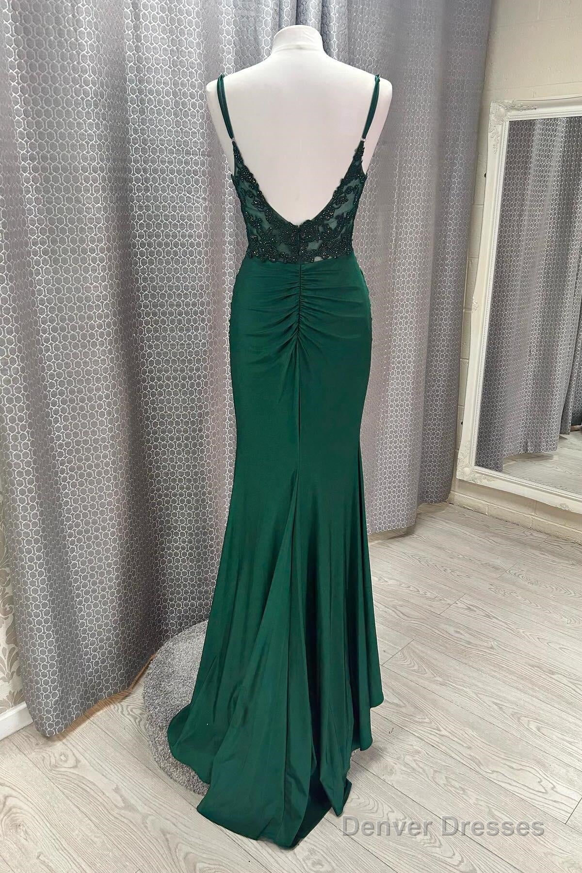 Hot V Neck Dark Green Prom Dresses Mermaid Straps Appliques Secondary image