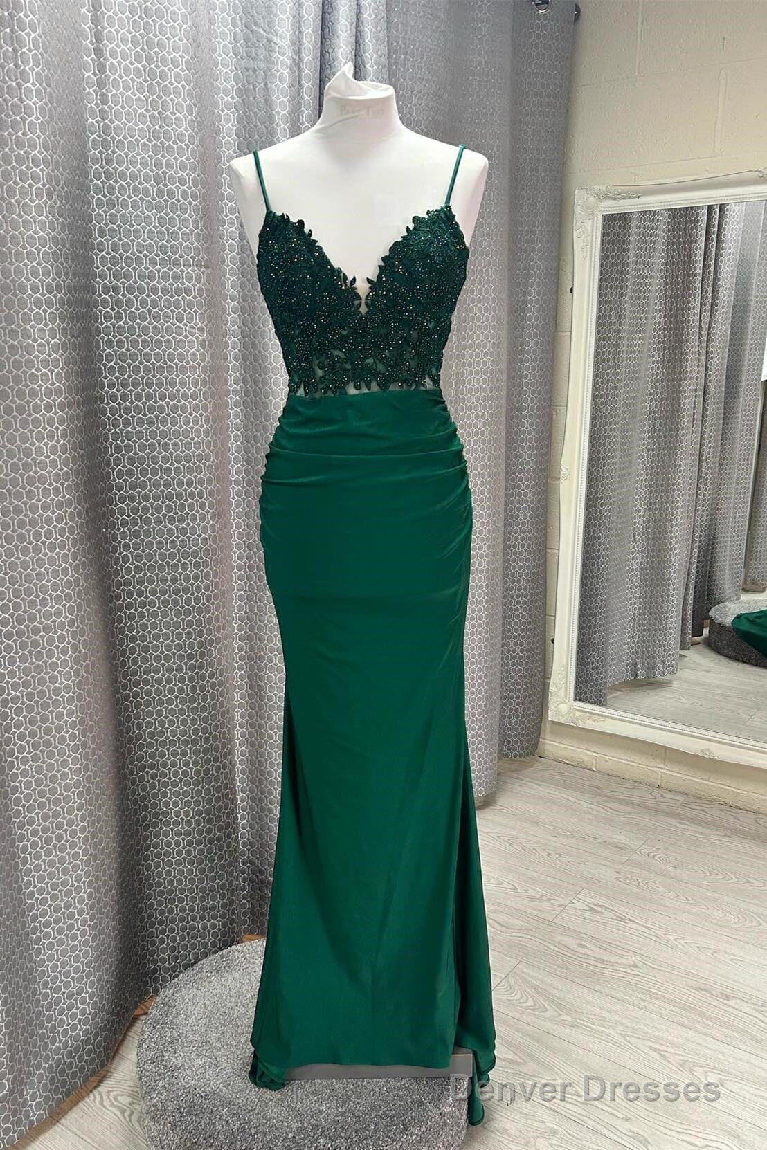 Hot V Neck Dark Green Prom Dresses Mermaid Straps Appliques Main image