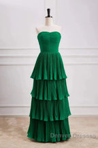 Hunter Green A-Line Chiffon Strapless Layers Long Prom Dress Formal Evening Dress
