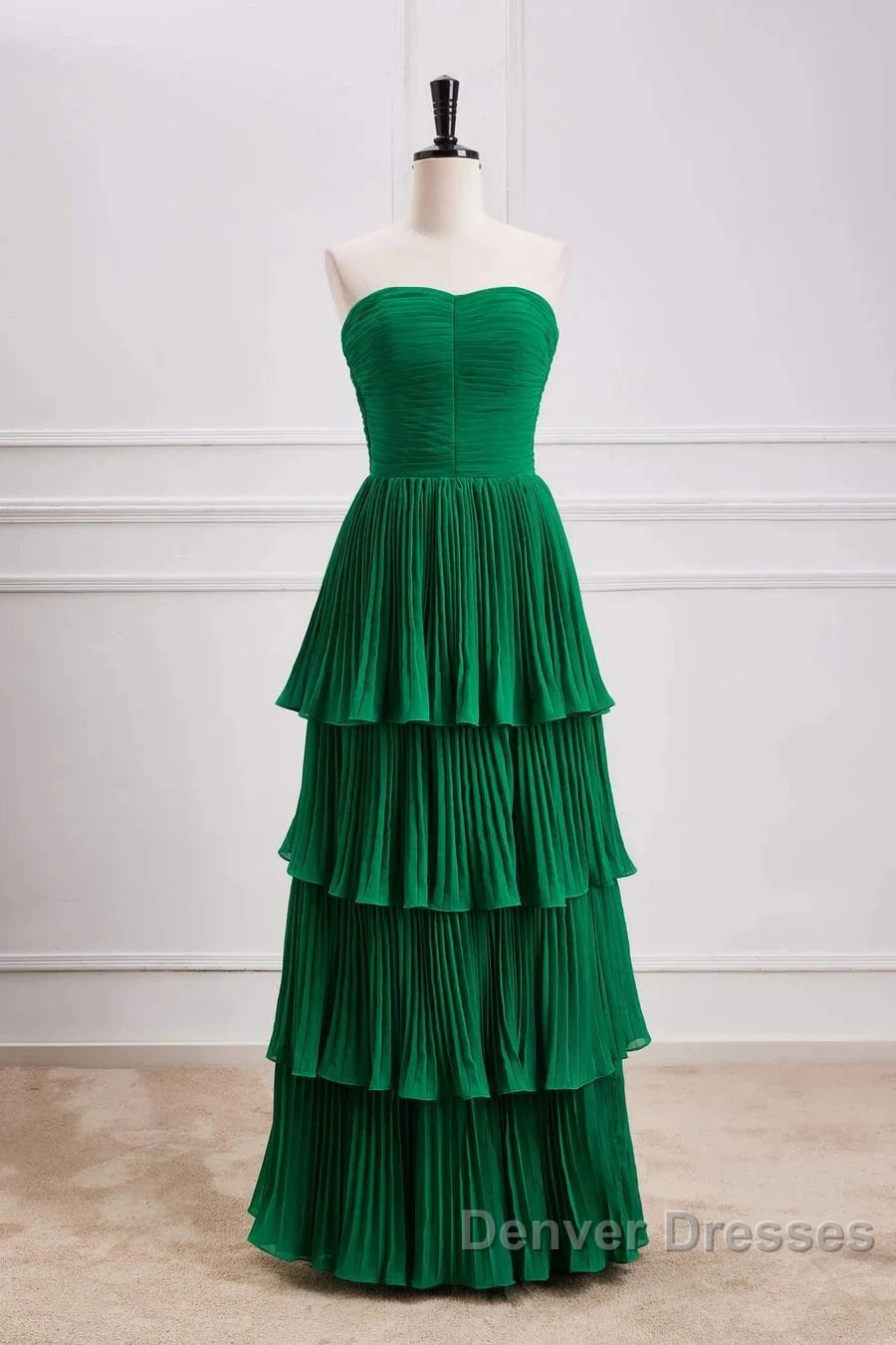 Hunter Green A-Line Chiffon Strapless Layers Long Prom Dress Formal Evening Dress