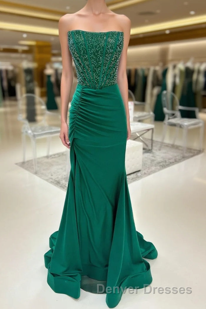 Hunter Green Mermaid Strapless Beaded Pleated Long Prom Dress Main image