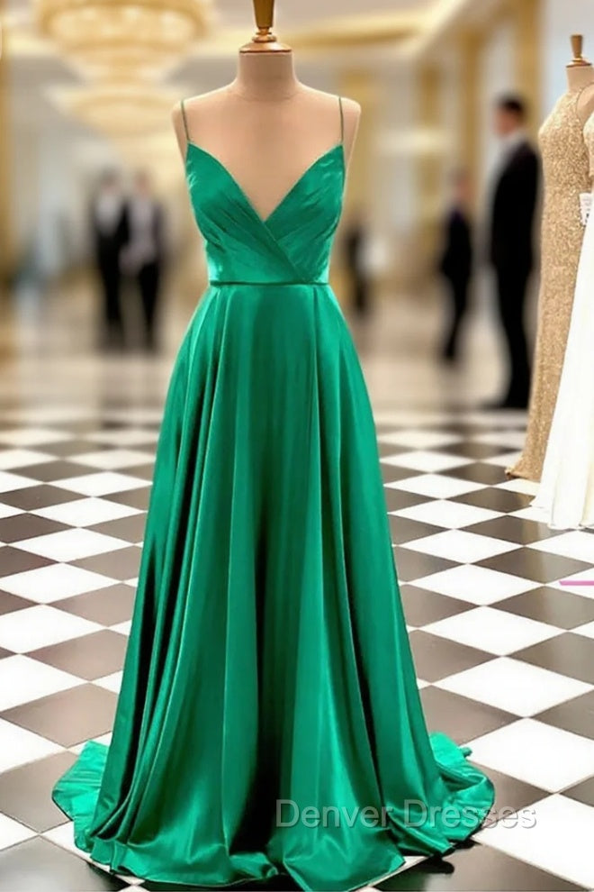 Hunter Green Prom Dress, A-line V Neck Spaghetti Straps Sweep Train Charmeuse Prom Dress With Pleated