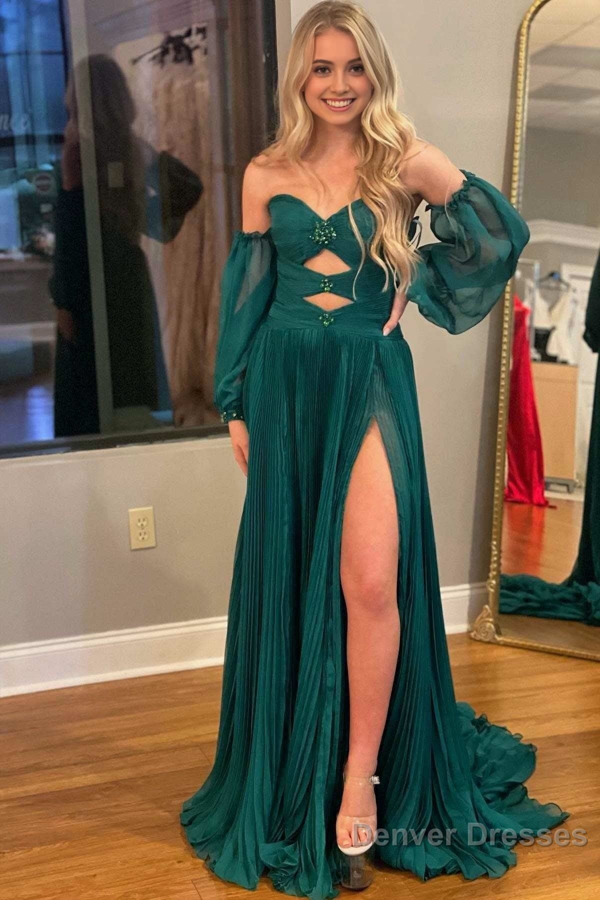 Hunter Green Rhinestones Strapless A-Line Prom Dress with Sleeves Main image