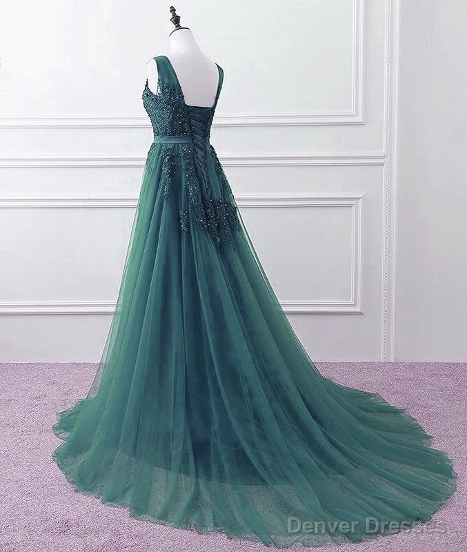 Hunter Green Tulle V-neckline Long Party Dress, Dark Green A-line Prom Dress Secondary image