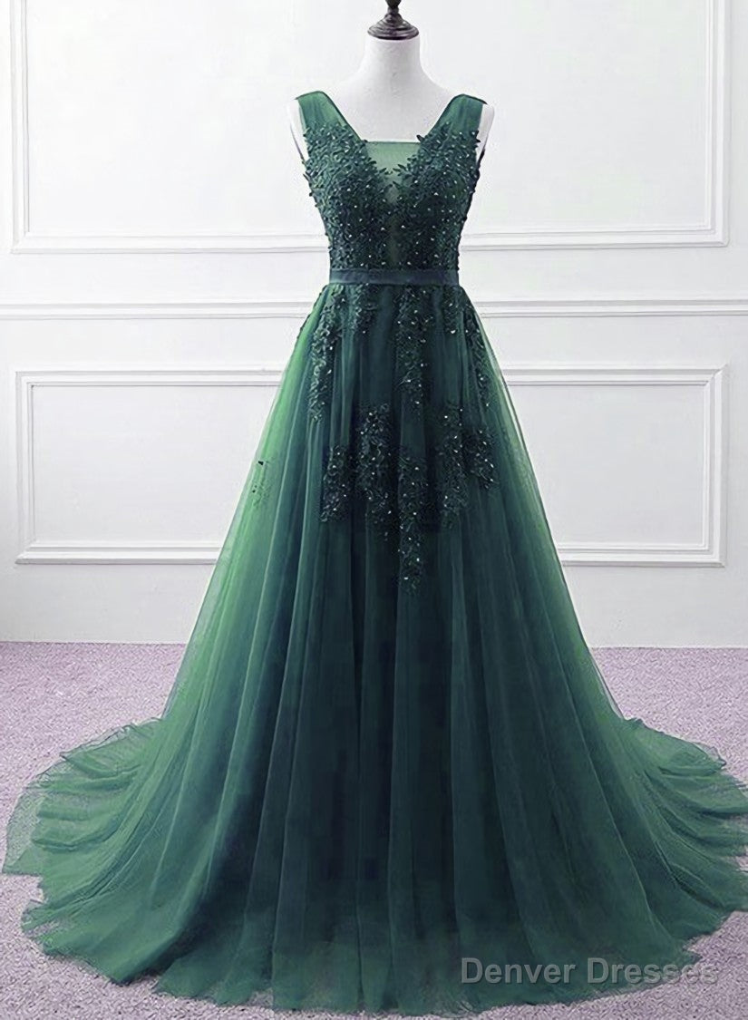 Hunter Green Tulle V-neckline Long Party Dress, Dark Green A-line Prom Dress Main image