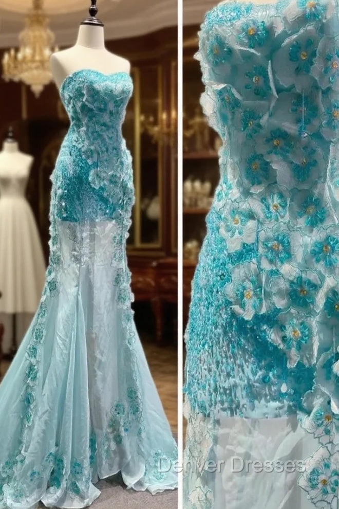 Ice Blue Ombre Mermaid Strapless Chiffon Long Wedding Dress With Appliques And Beading Formal Prom Dress Main image
