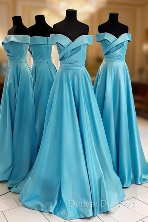 Ice Blue Prom Dress, A-line/Princess Off-the-Shoulder Sleeveless Sweep Train Satin Prom Dress