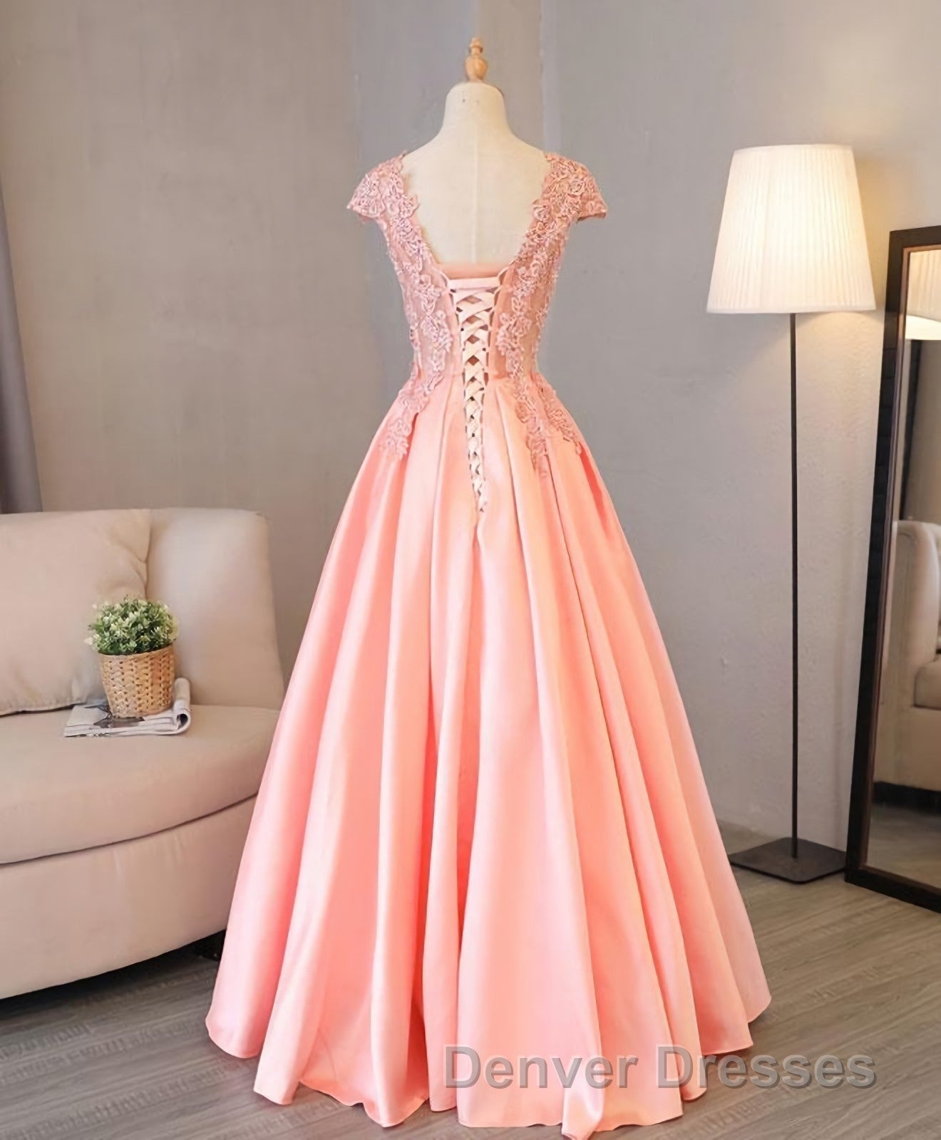 Custom Made V Neck Lace Long Prom Dress, Lace Evening Dress